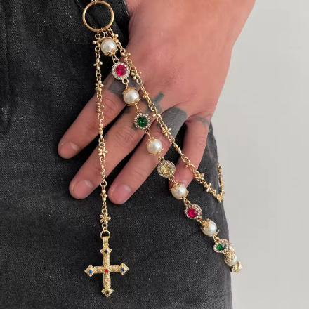 Rhinestone Beads Cross Jean Wallet Chain